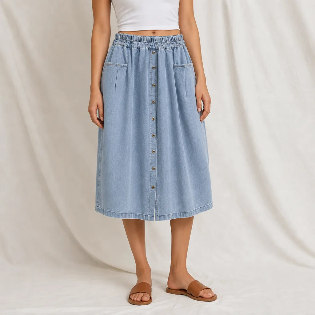 Women's Blue Posy Denim Midi Skirt