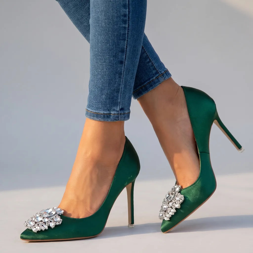 Deborah | Women's Crystal Heels  - Color:Green;Size:35