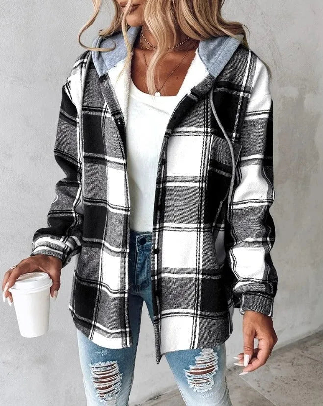Delia | Women's Flannel Hoodie Shirt - Color:Black;Size:XS