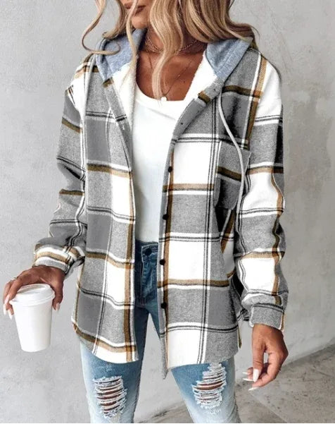Delia | Women's Flannel Hoodie Shirt - Color:Gray;Size:XS