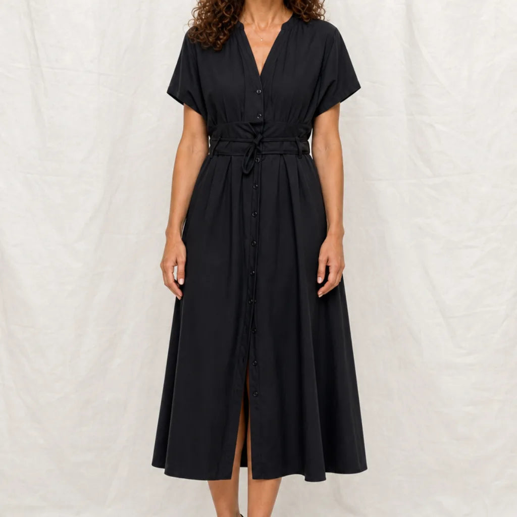 Delphine Belted Midi Dress - Color:Black;Size:XS