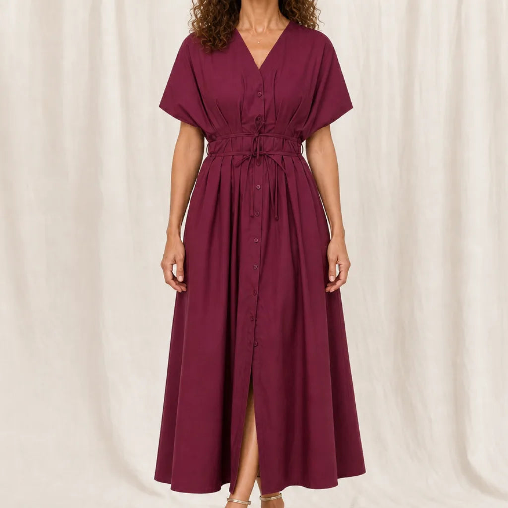 Delphine Belted Midi Dress - Color:Red;Size:XS