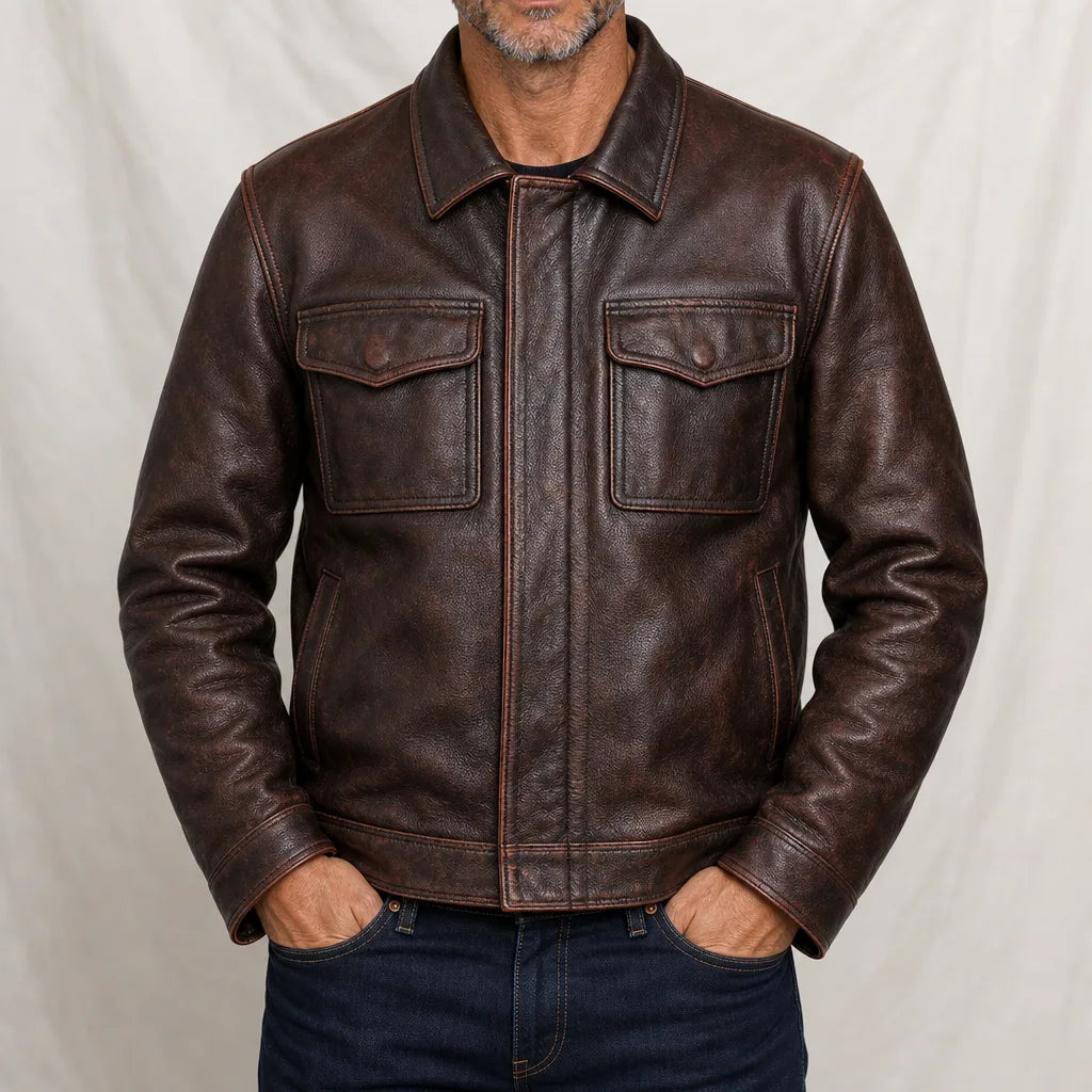 Downey Distressed Leather Jacket - Color:Brown;Size:XS