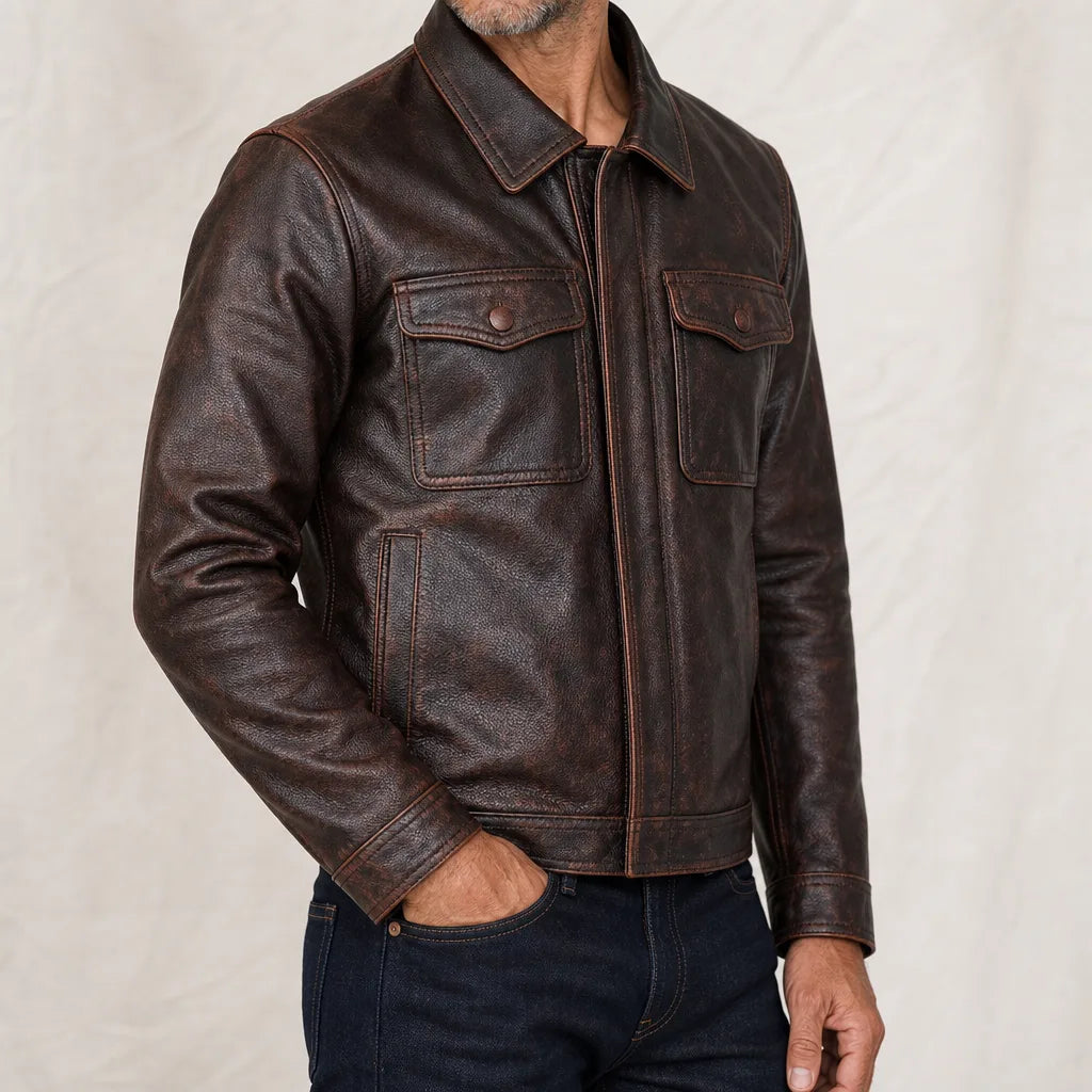 Men's Brown Downey Distressed Leather Jacket