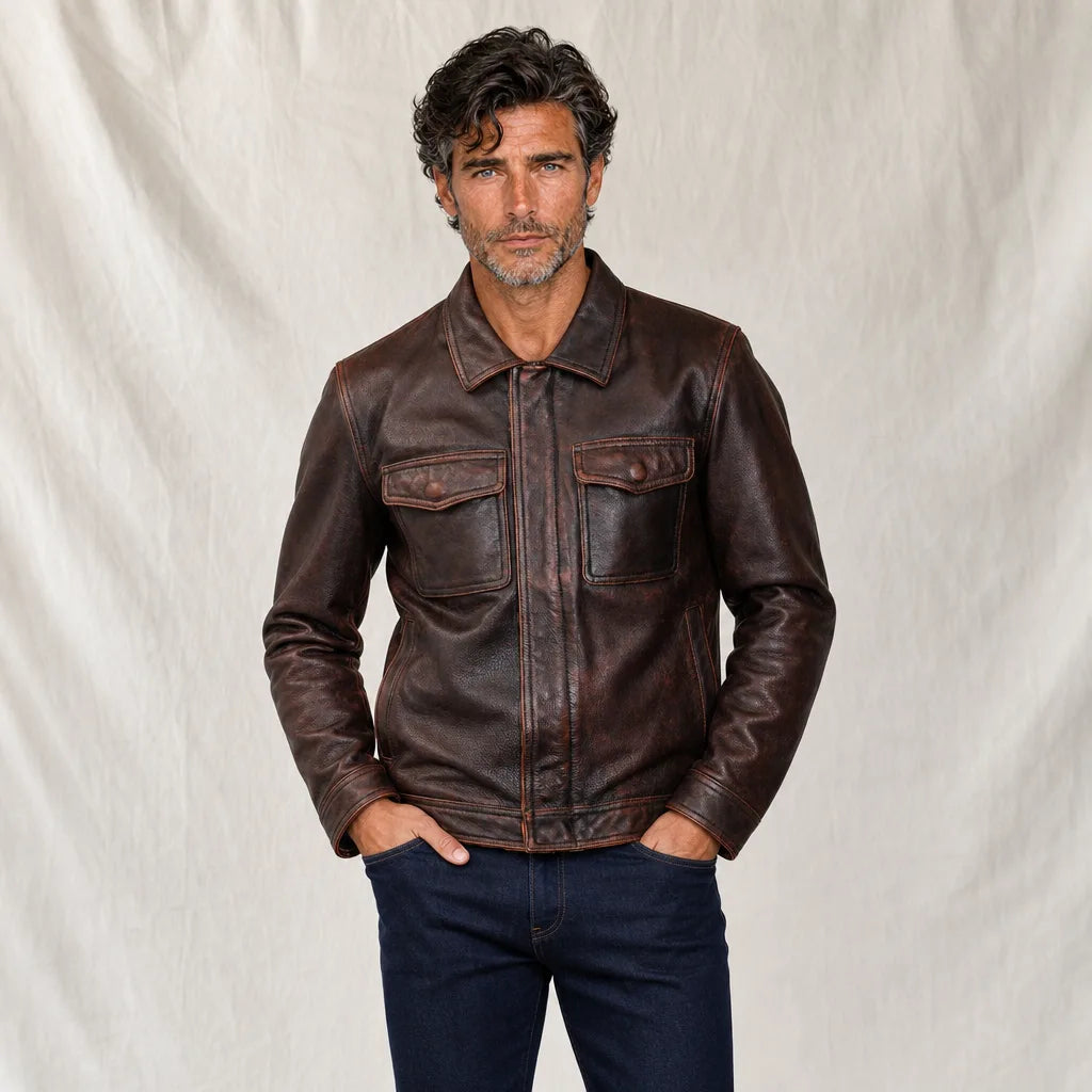 Men's Brown Downey Distressed Leather Jacket