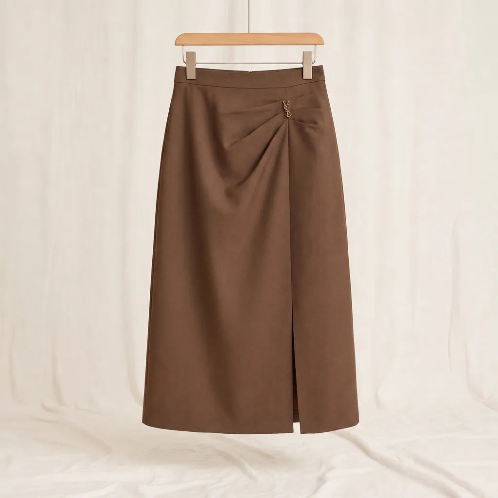 Dudley Slit Midi Skirt - Color:Brown;Size:S