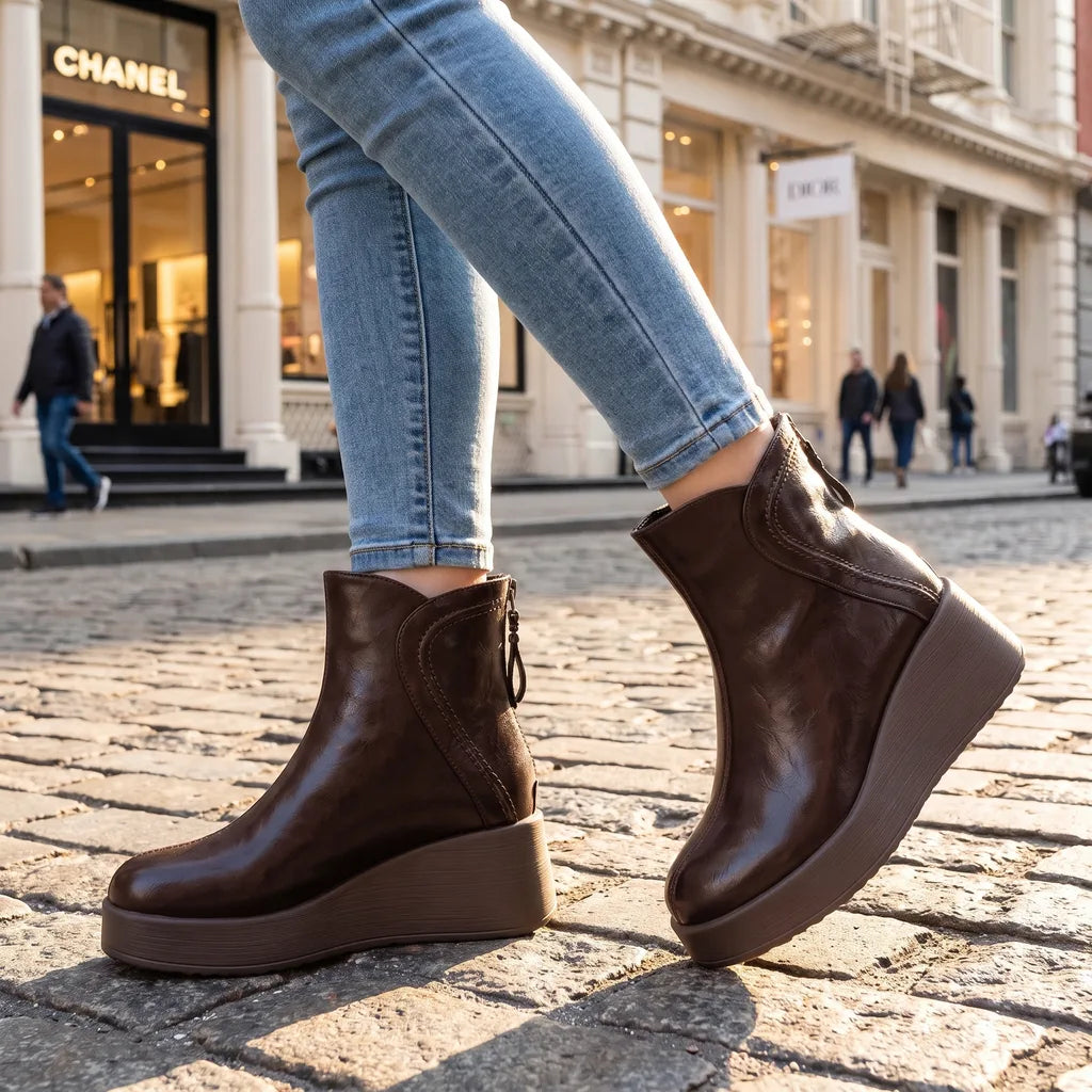 Ebony | Women's Orthopedic Wedge Ankle Boots  - Color:Brown;Size:35