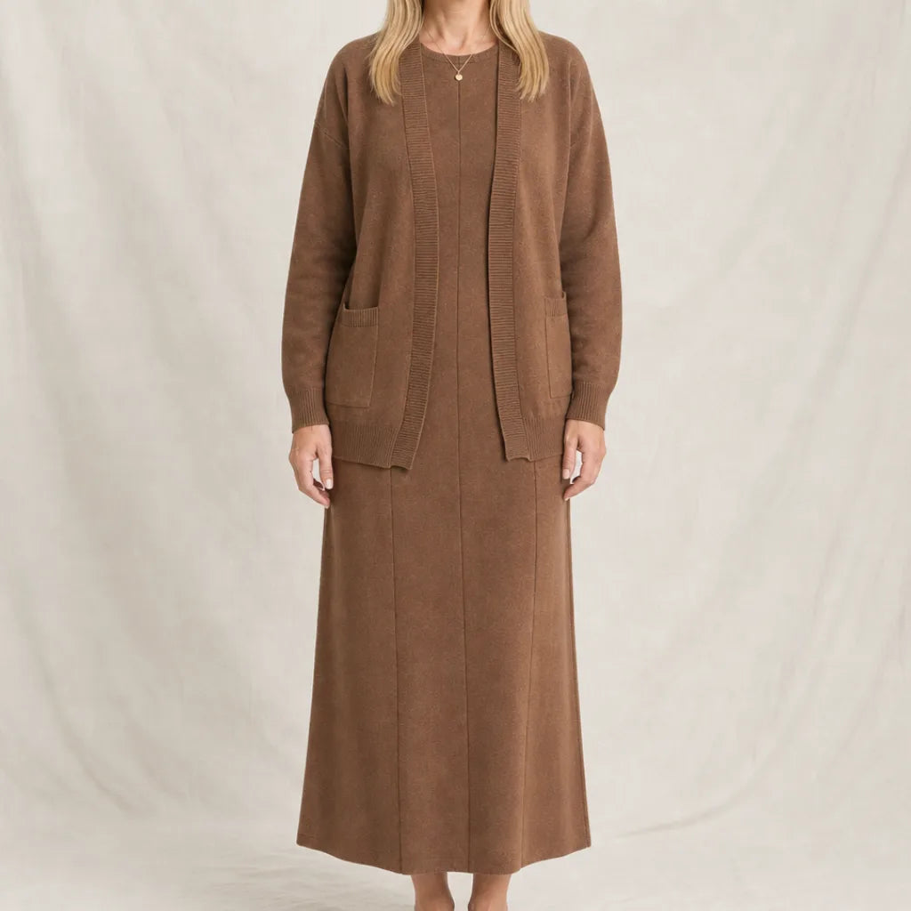 Eleanor Knit Cardigan Dress Set - Color:Beige;Size:XXS