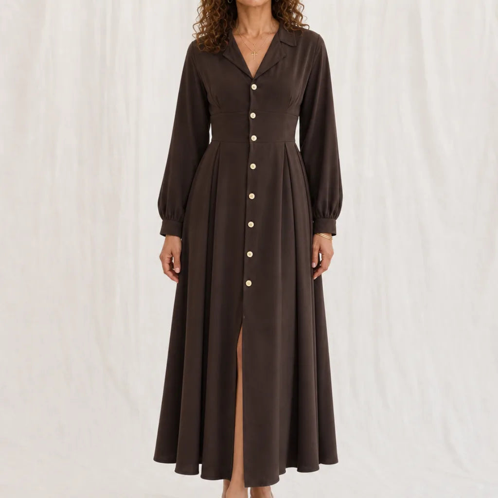Eleanor Lantern Sleeve Dress - Color:Brown;Size:XS
