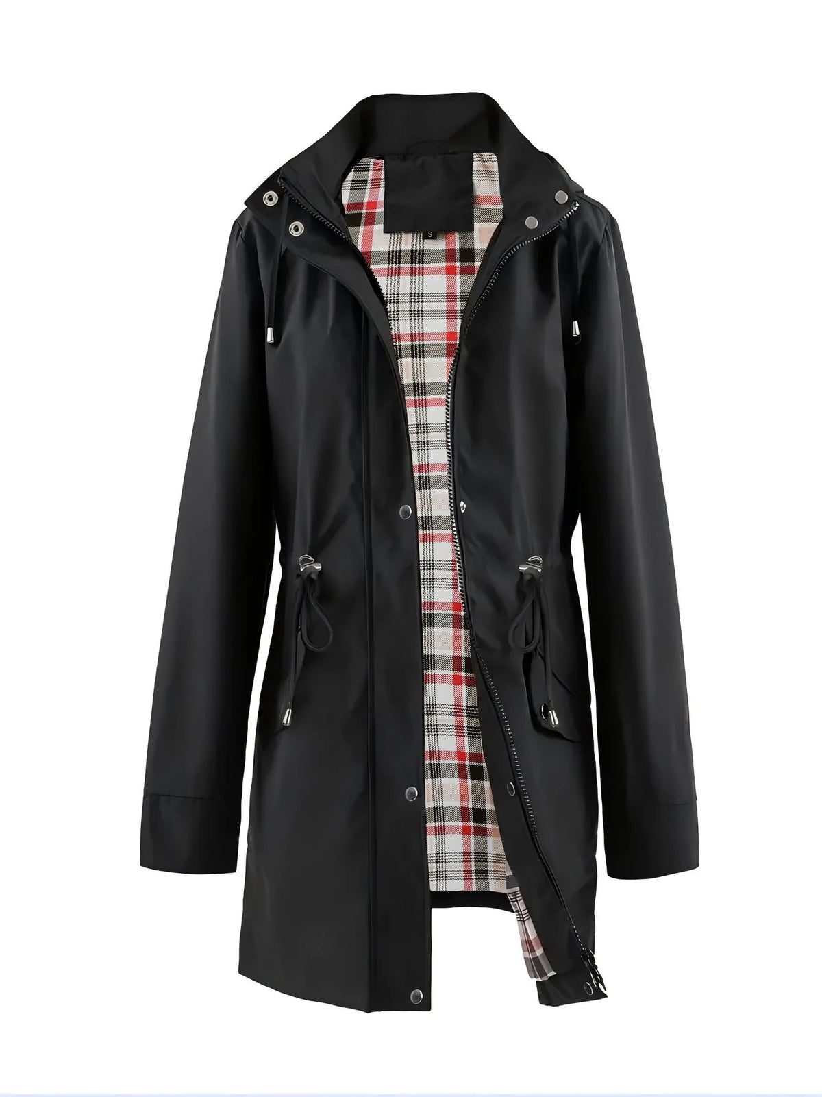 Eliana | Women's Hooded Drawstring Rain Jacket - Color:Black;Size:XS