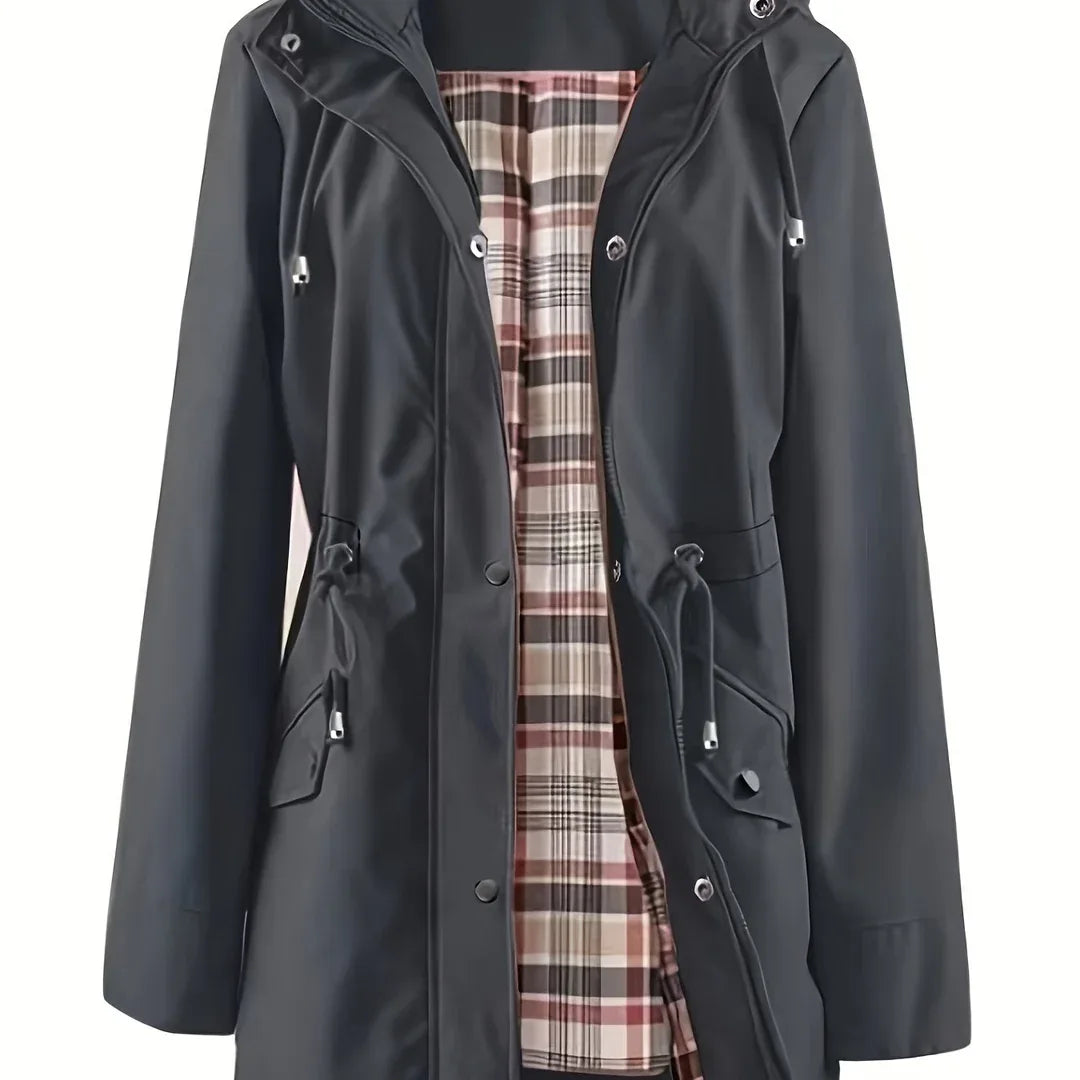 Eliana | Women's Hooded Drawstring Rain Jacket - Color:Dark Gray;Size:XS