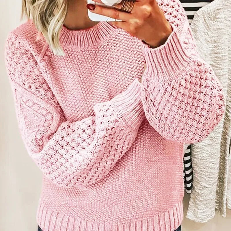 Elisa | Women's Cable Knitted Lantern Jumper - Color:Pink;Size:XS