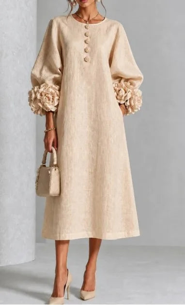 Emery | Women's Floral Appliqué Lantern-Sleeve Midi Dress - Color:Apricot;Size:XS