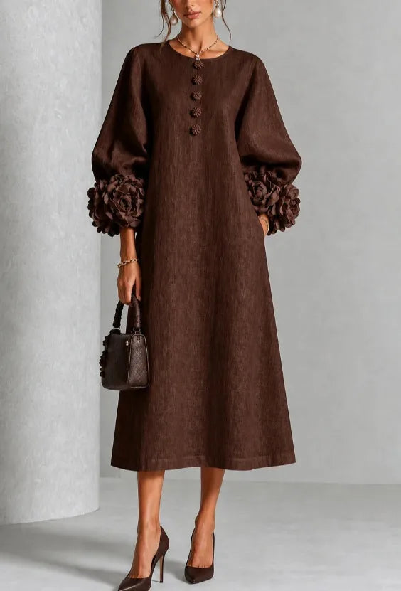 Emery | Women's Floral Appliqué Lantern-Sleeve Midi Dress - Color:Brown;Size:XS
