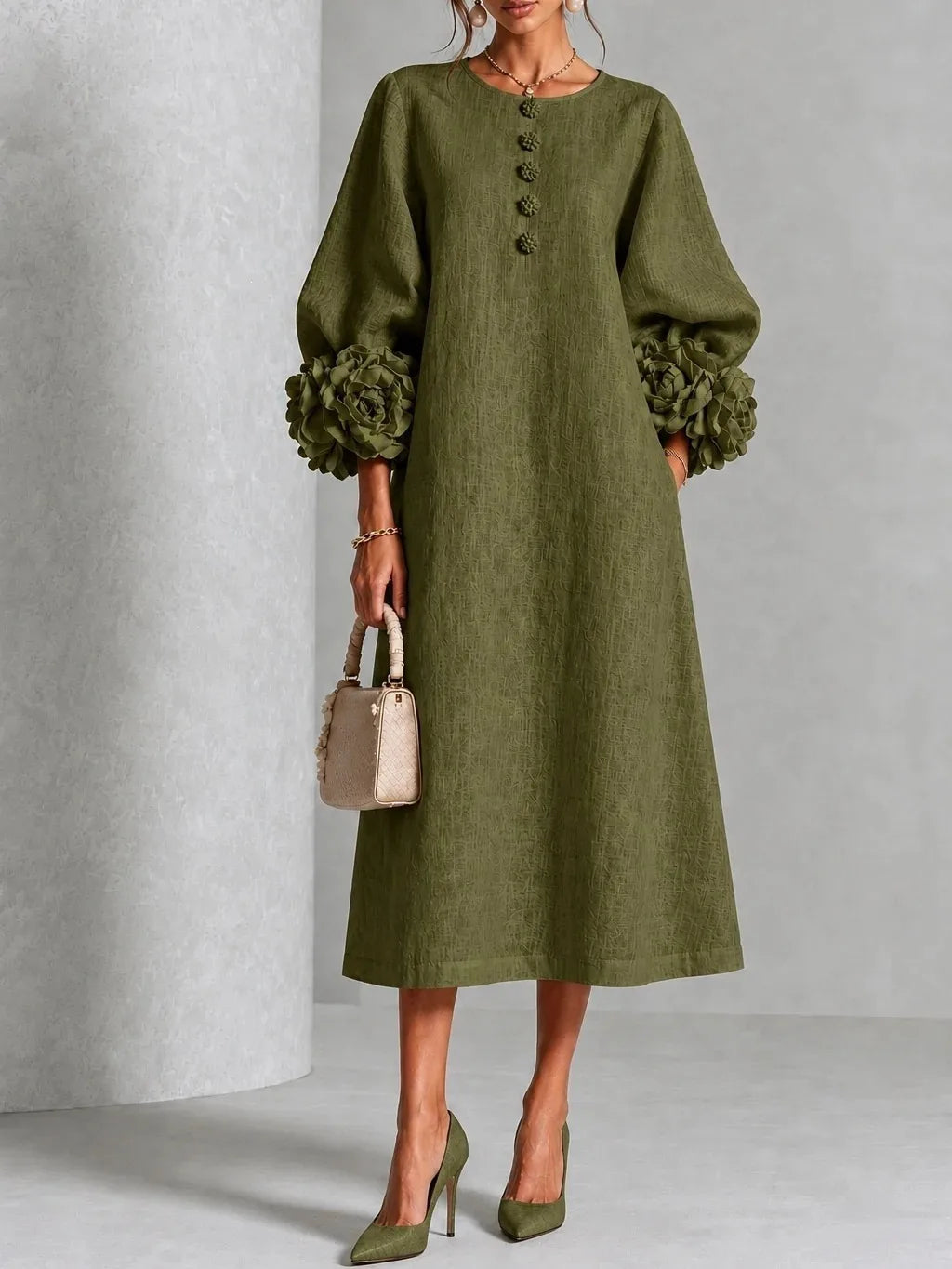 Emery | Women's Floral Appliqué Lantern-Sleeve Midi Dress - Color:Green;Size:XS