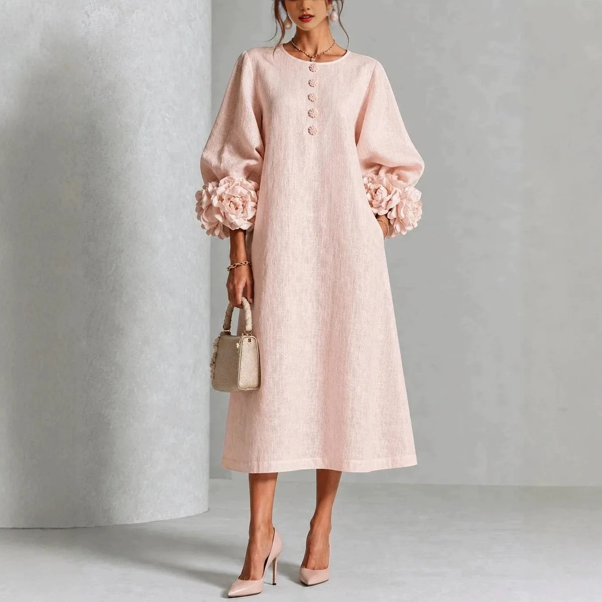 Emery | Women's Floral Appliqué Lantern-Sleeve Midi Dress - Color:Pink;Size:XS