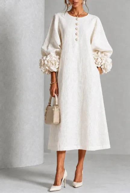 Emery | Women's Floral Appliqué Lantern-Sleeve Midi Dress - Color:White;Size:XS
