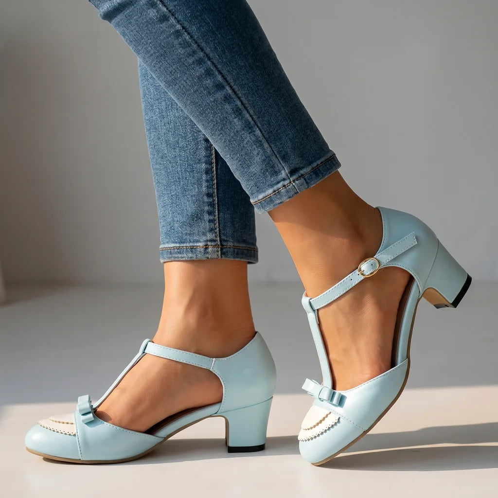 Evanie Bow Heeled Sandals - Color:Blue;Size:35