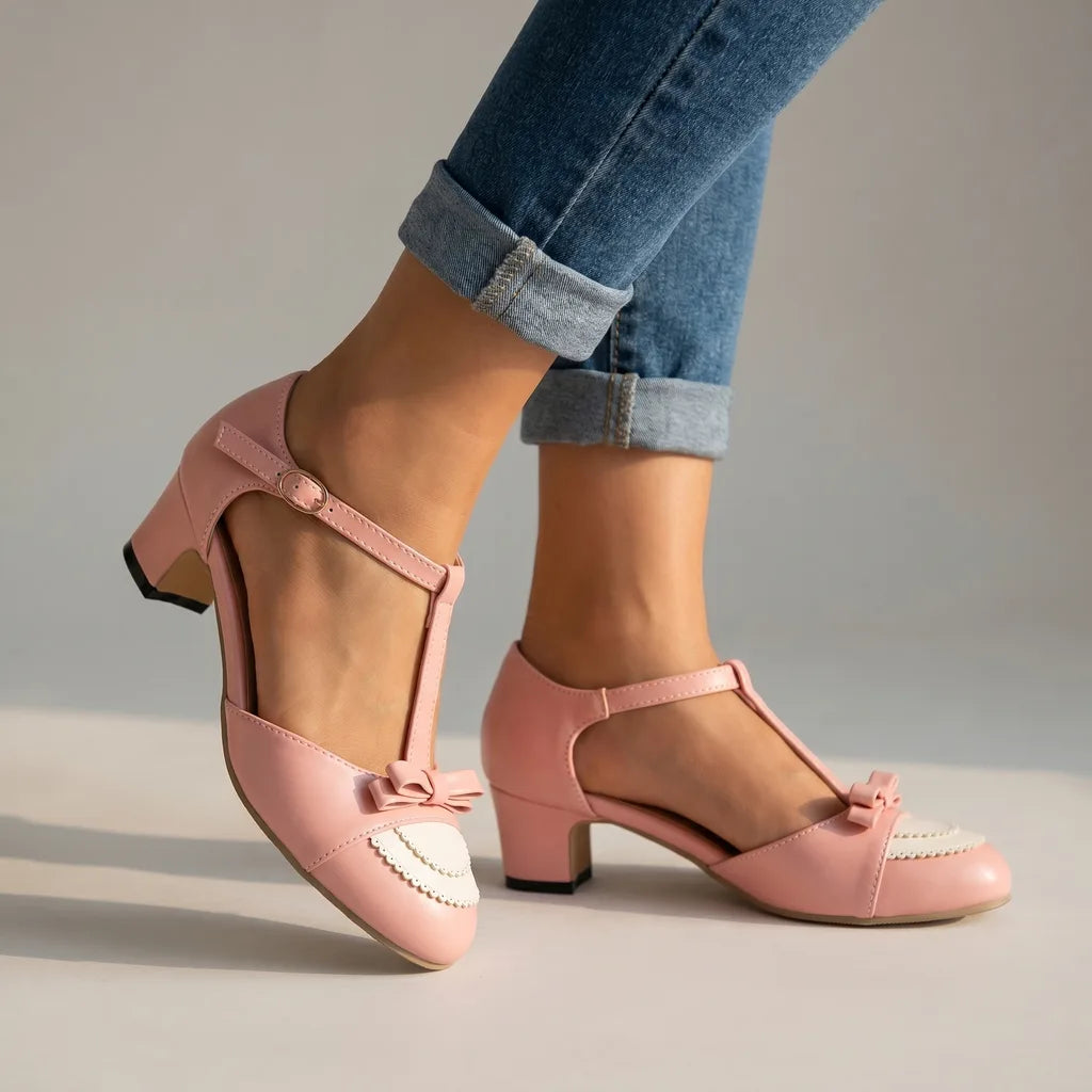 Evanie Bow Heeled Sandals - Color:Pink;Size:35