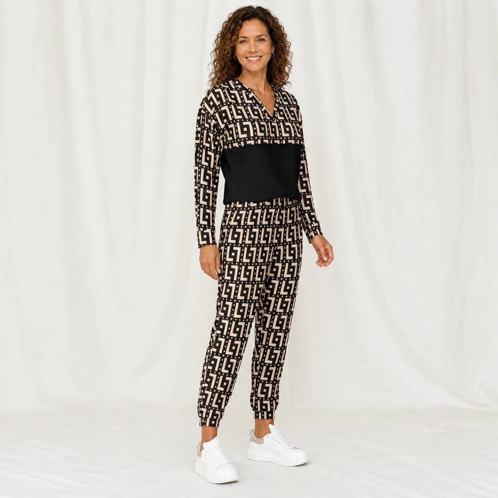 Women's Khaki Black Fairmont Printed Sweatshirt Set