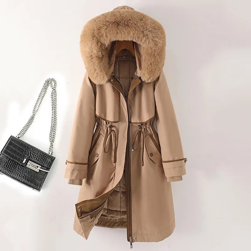 Farah | Women's Cosy Hooded Faux Fur Winter Coat - Color:Khaki;Size:S
