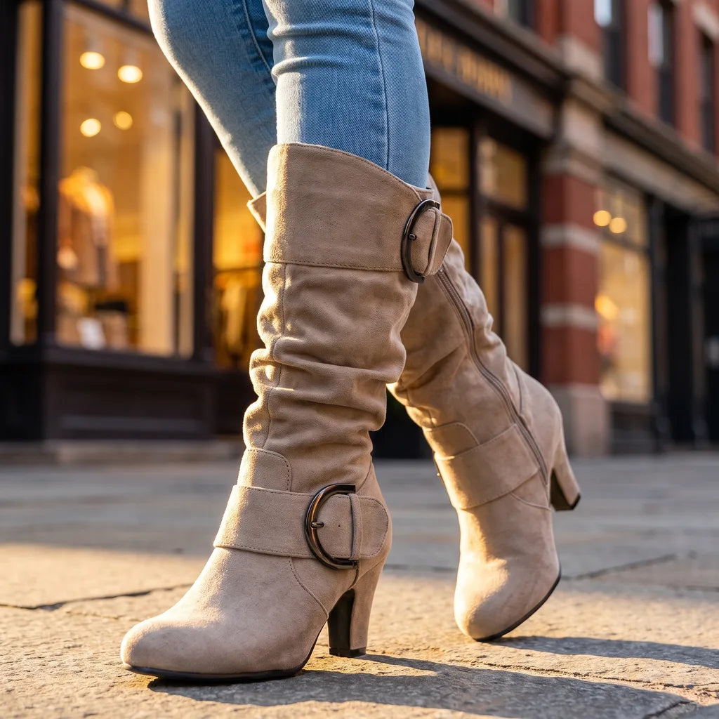 Women's Beige Forsythe Buckle Knee Boots