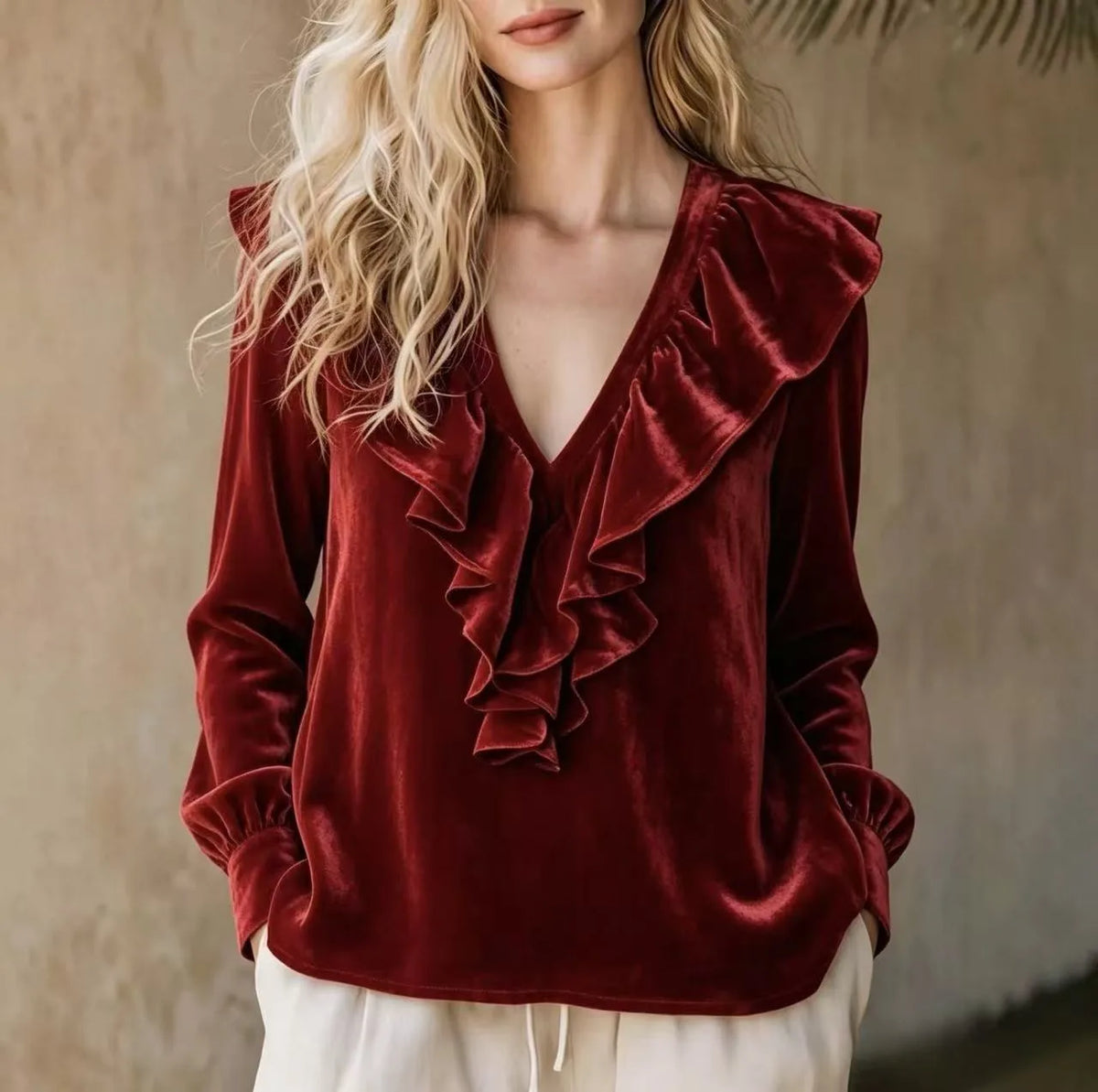 Felicia | Women's Velvet Ruffle Sweater - Burgundy