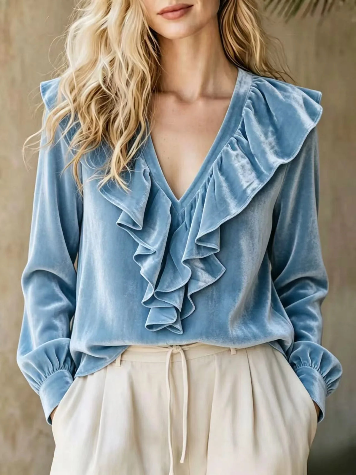 Felicia | Women's Velvet Ruffle Sweater - Sky Blue