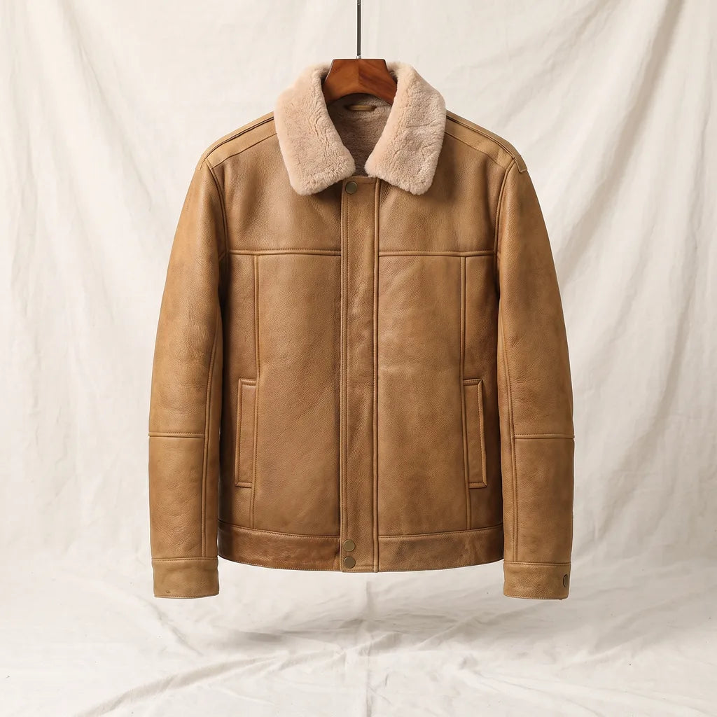 Fitch Sheepskin Leather Jacket - Color:Beige;Size:S