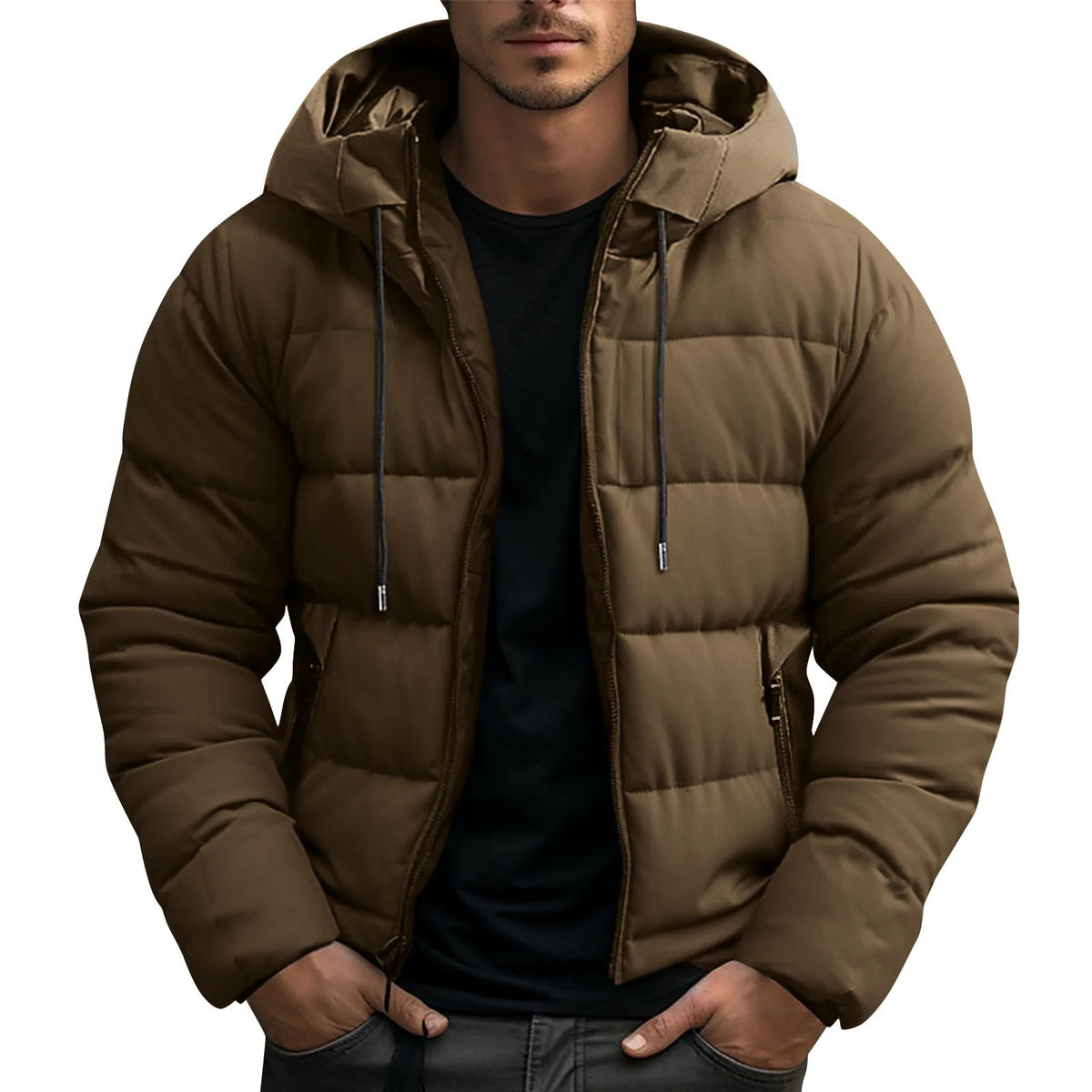 Frazer | Men's Hooded Puffer Winter Jacket - Color:Brown;Size:XS