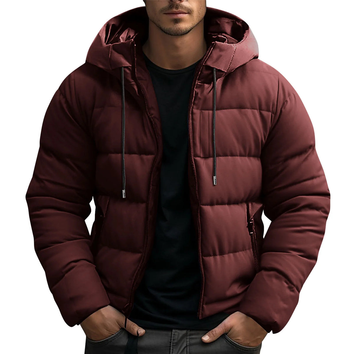 Frazer | Men's Hooded Puffer Winter Jacket - Color:Deep Red;Size:XS