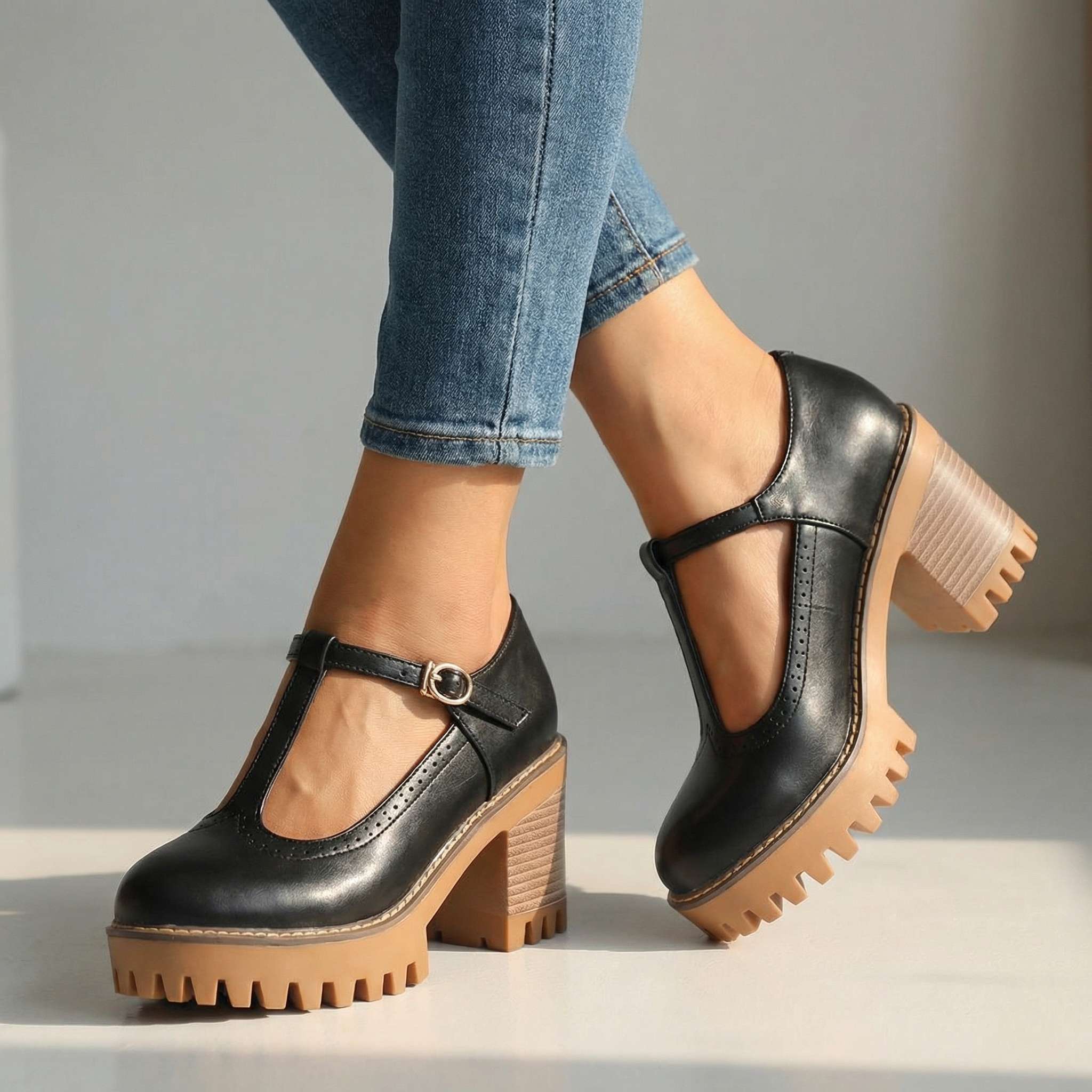 Jasmine | Womens Chunky T Strap Mary Jane Heels