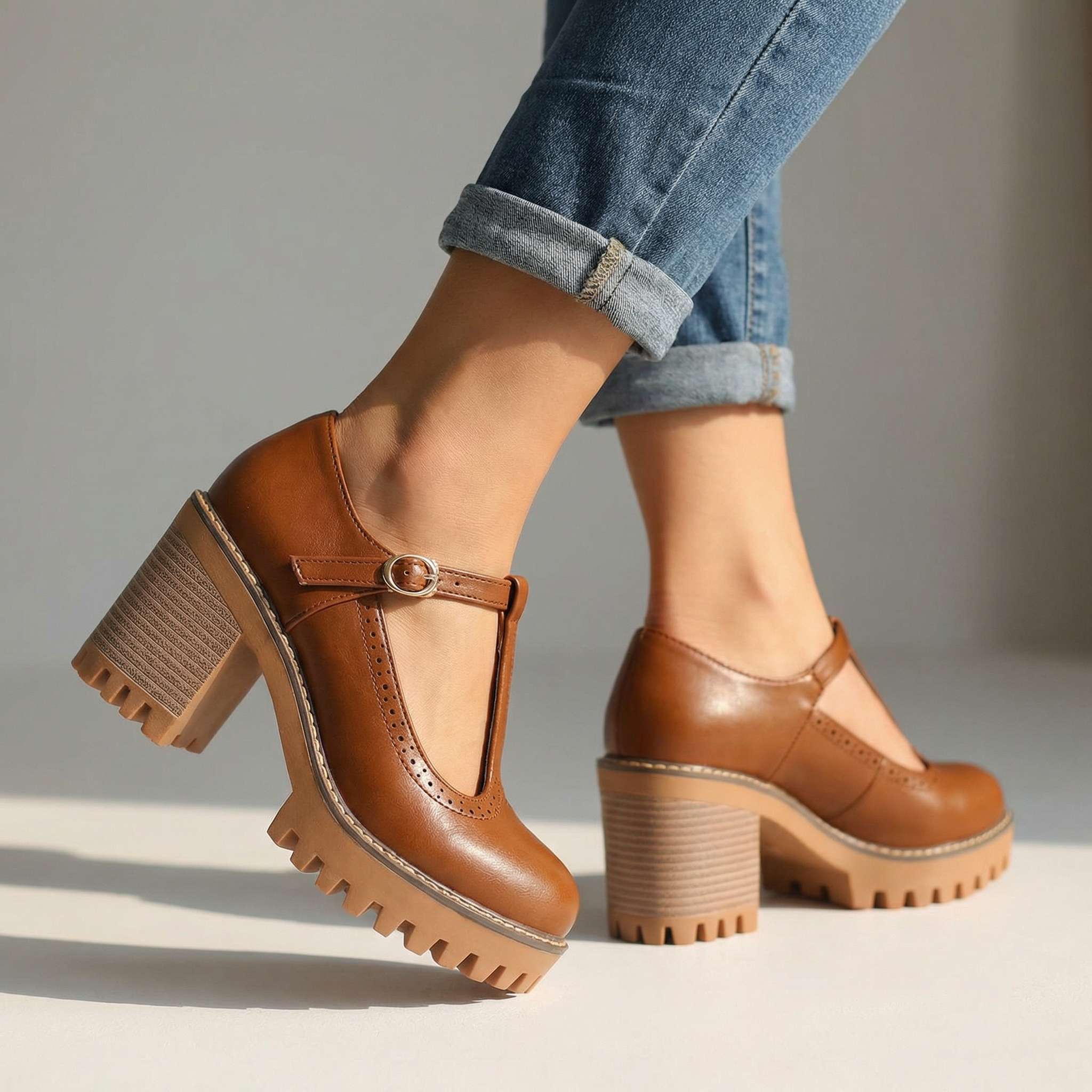 Jasmine | Womens Chunky T Strap Mary Jane Heels