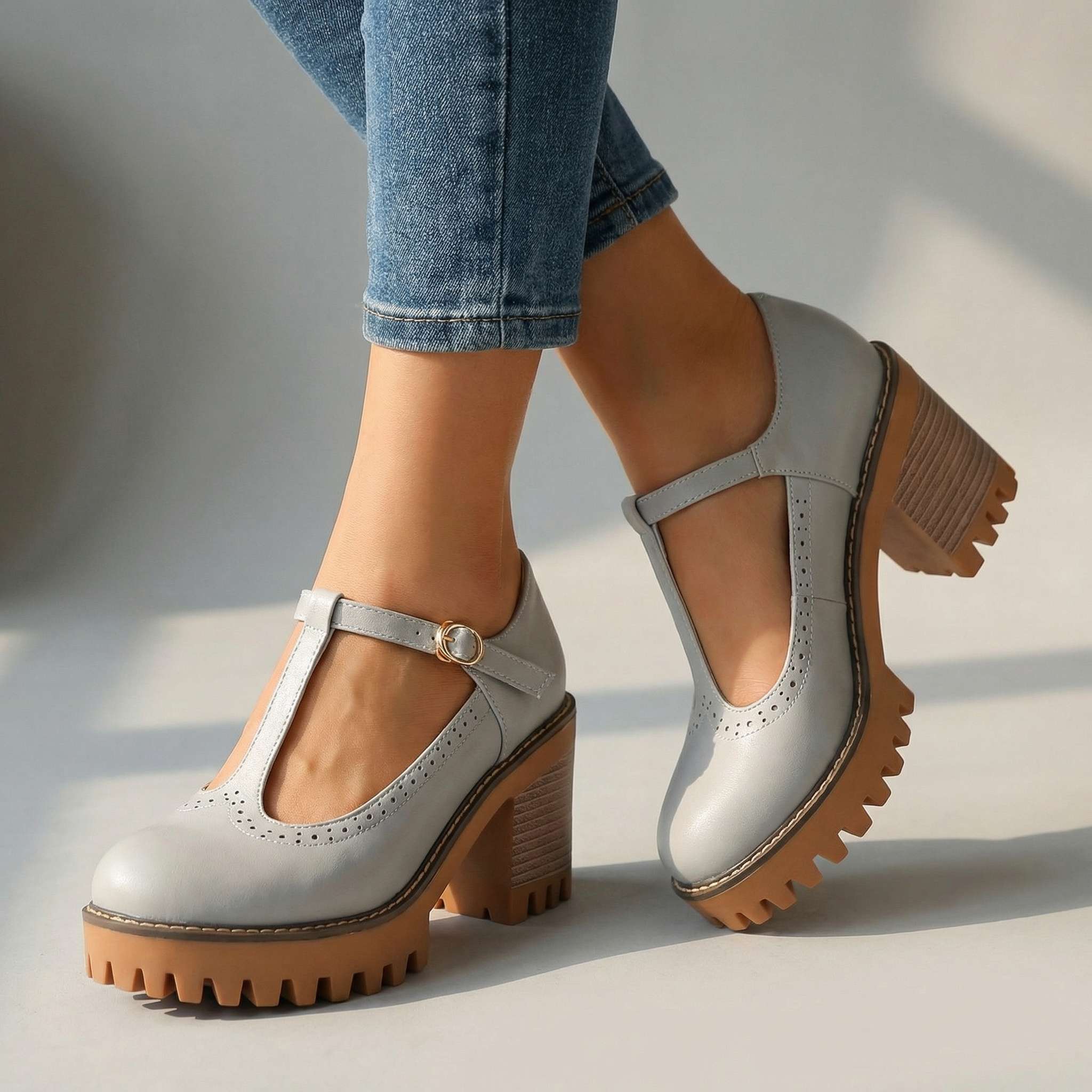 Jasmine | Womens Chunky T Strap Mary Jane Heels