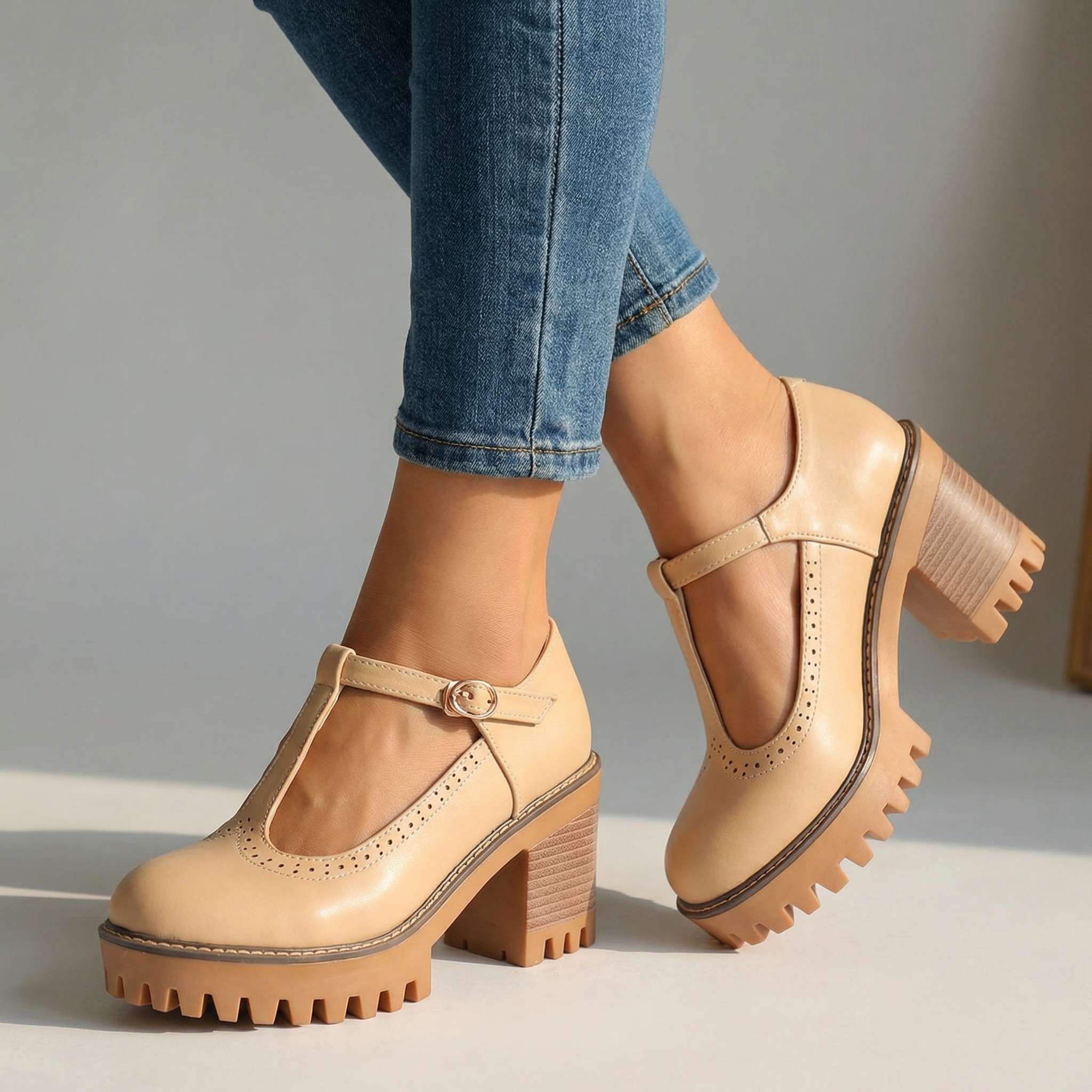 Jasmine | Womens Chunky T Strap Mary Jane Heels