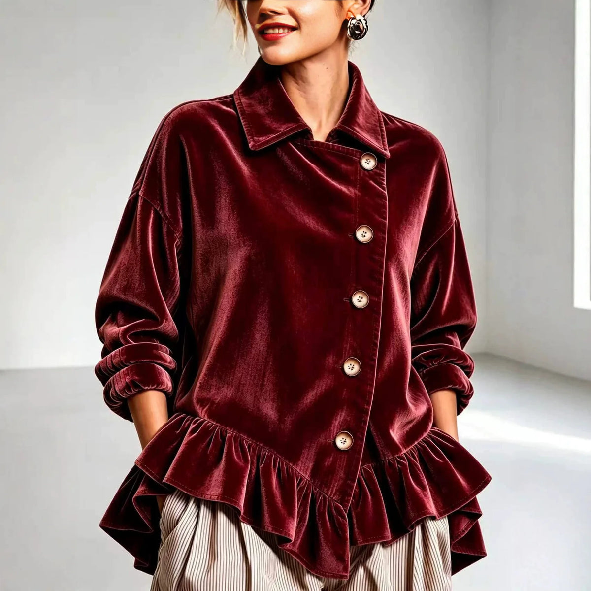 Gabriela | Women's Velvet Ruffle-Hem Shirt Jacket - Burgundy