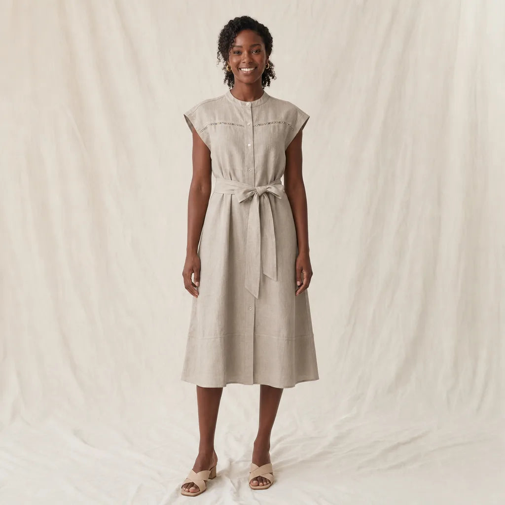 Gemma Linen Shirt Dress - Color:Beige;Size:S