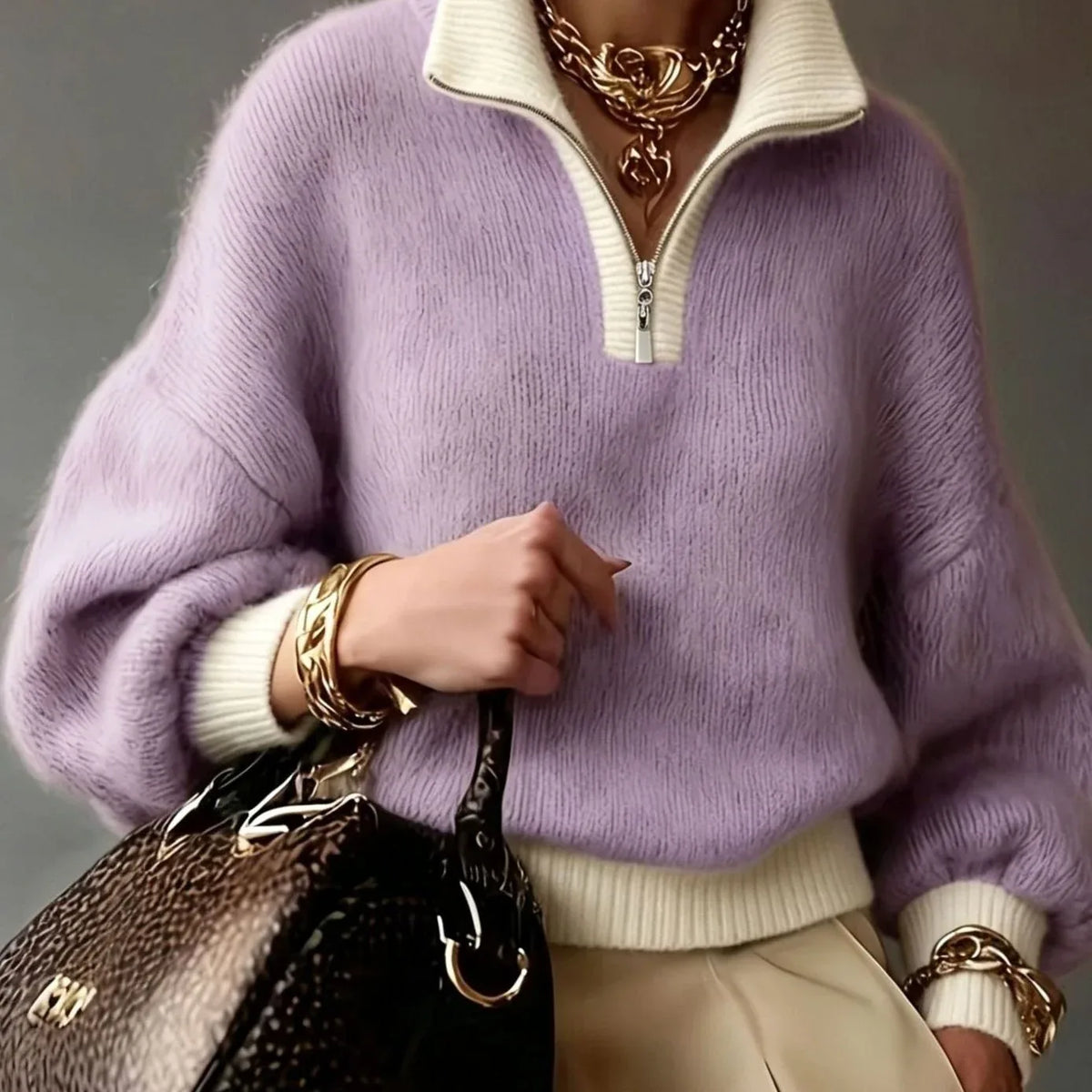 Genevieve | Women's Fuzzy Knitted Jumper - Size:XS;Color:Khaki