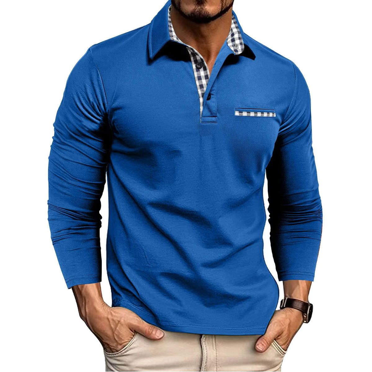 Geoffrey Long Sleeve Polo Shirt - Color:Blue;Size:XS