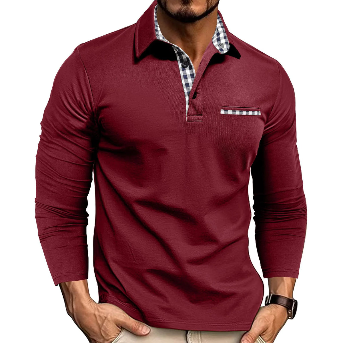 Geoffrey Long Sleeve Polo Shirt - Color:Bordeaux Red;Size:XS