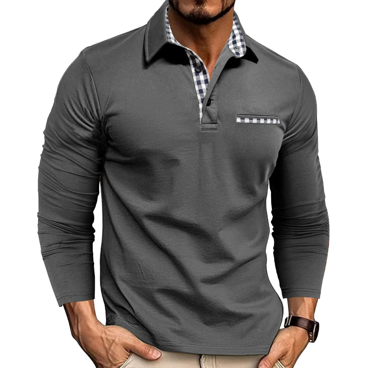 Geoffrey Long Sleeve Polo Shirt - Color:Grey;Size:XS