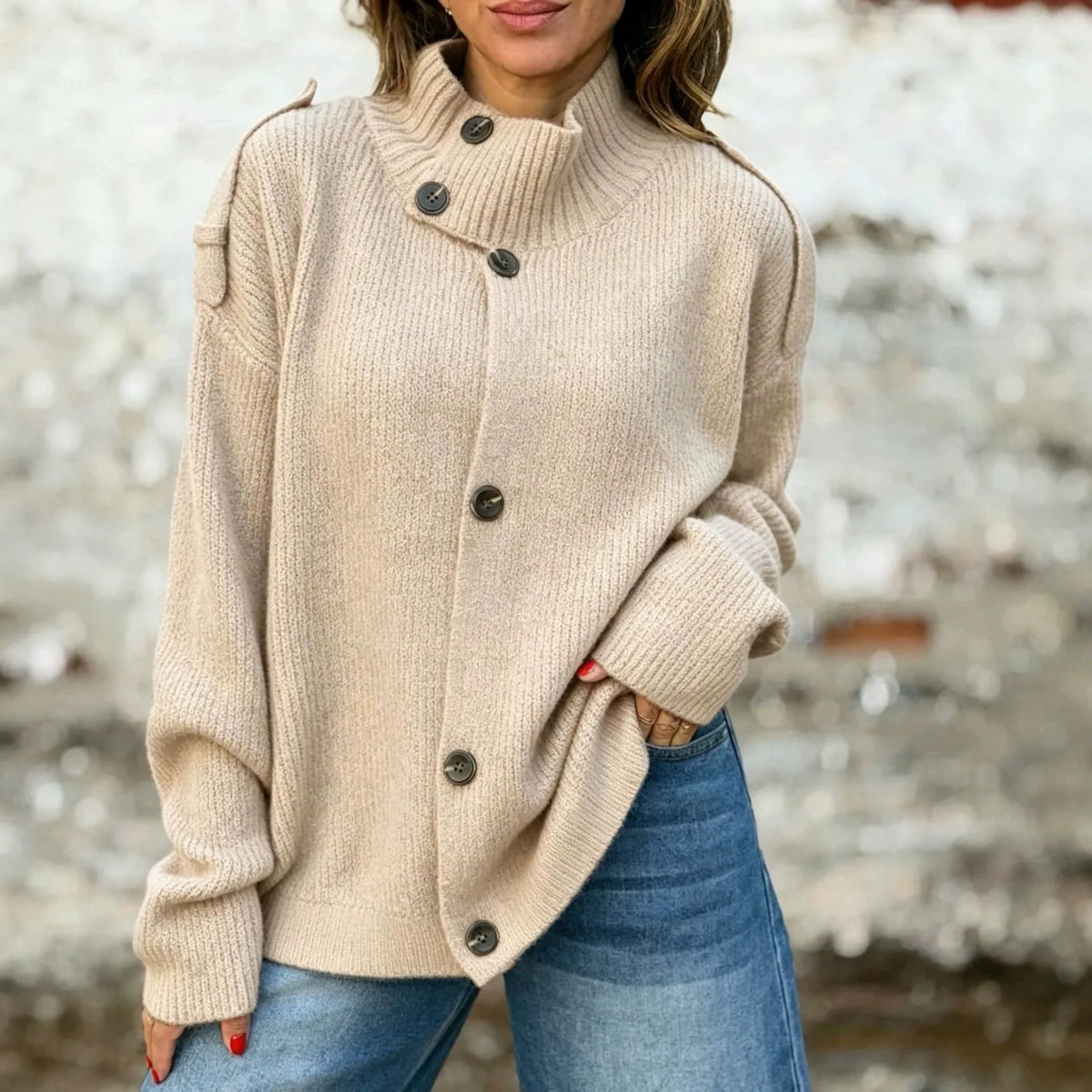 Giana | Women's Turtle Neck Cardigan - Size:XS;Color:Apricot