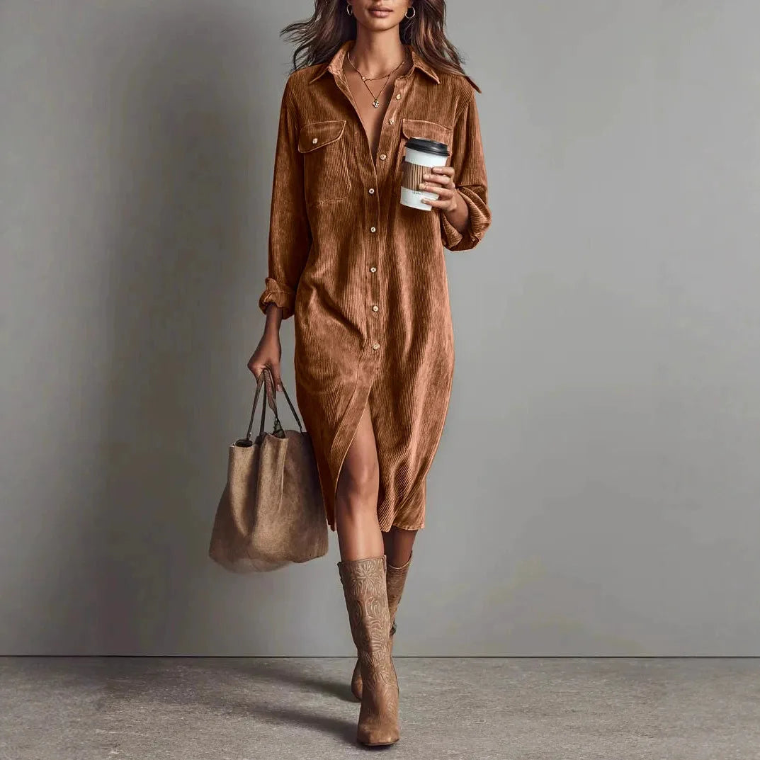 Gwen | Women's Corduroy Button-Front Shirt Dress  - Size:XS;Color:Brown