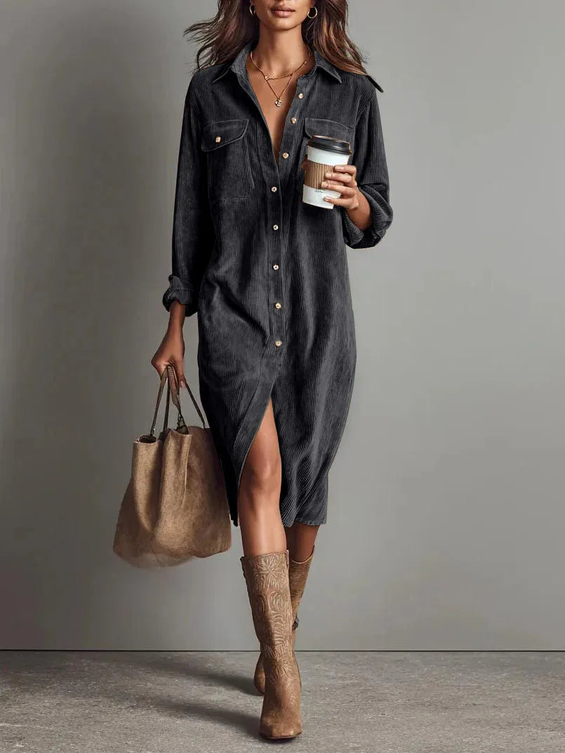 Gwen | Women's Corduroy Button-Front Shirt Dress  - Size:XS;Color:Charcoal