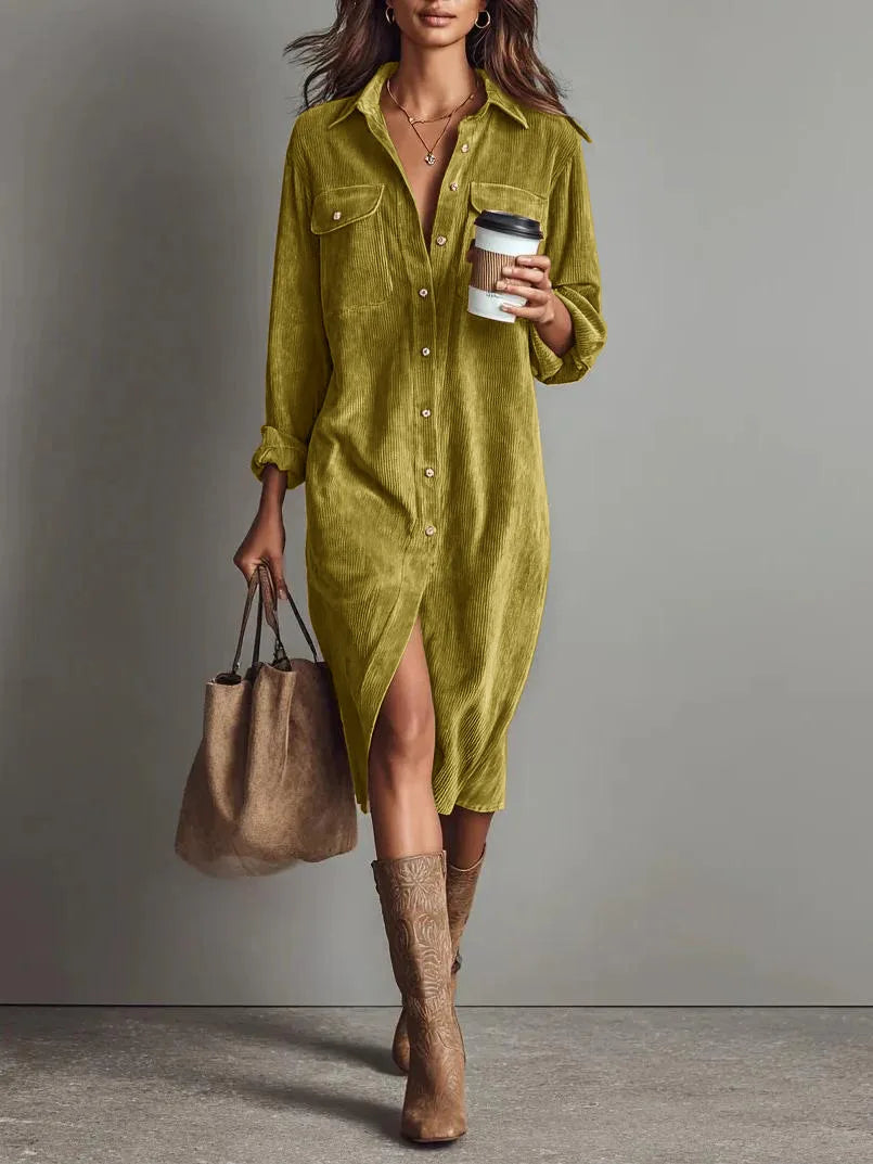 Gwen | Women's Corduroy Button-Front Shirt Dress  - Size:XS;Color:Chartreuse