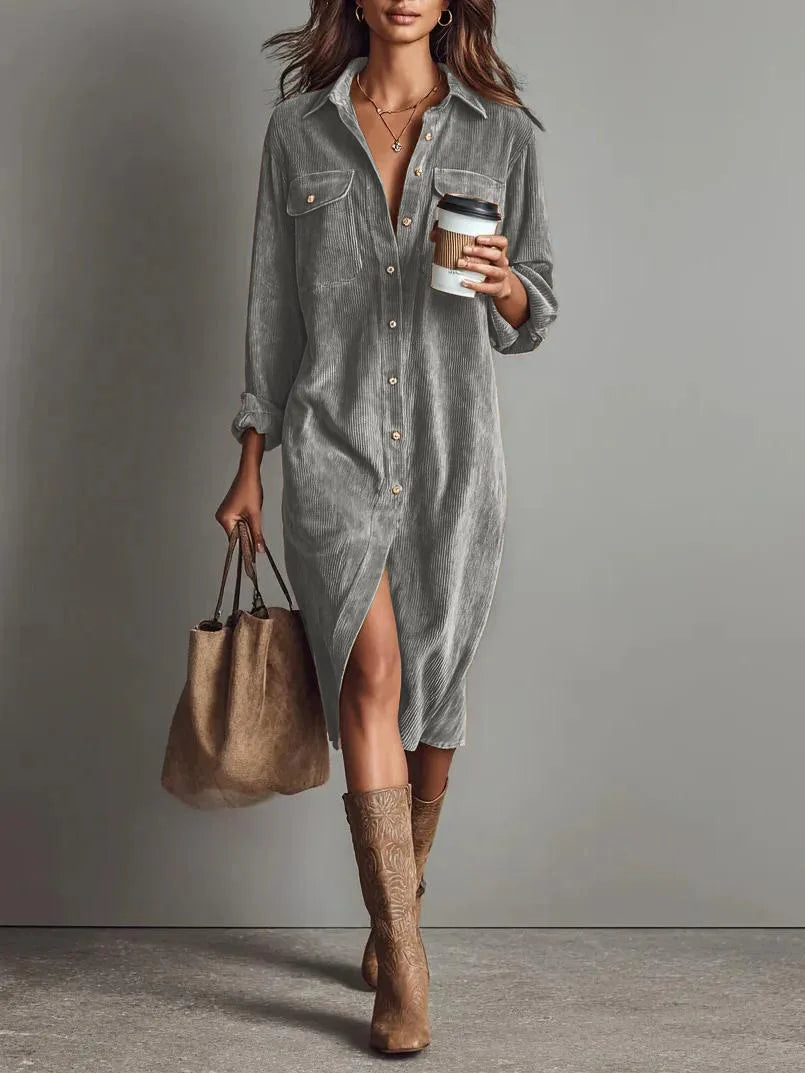 Gwen | Women's Corduroy Button-Front Shirt Dress  - Size:XS;Color:Grey
