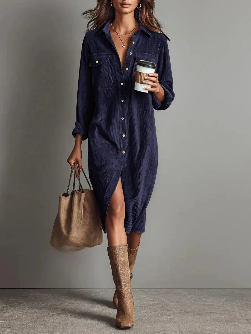 Gwen | Women's Corduroy Button-Front Shirt Dress  - Size:XS;Color:Navy