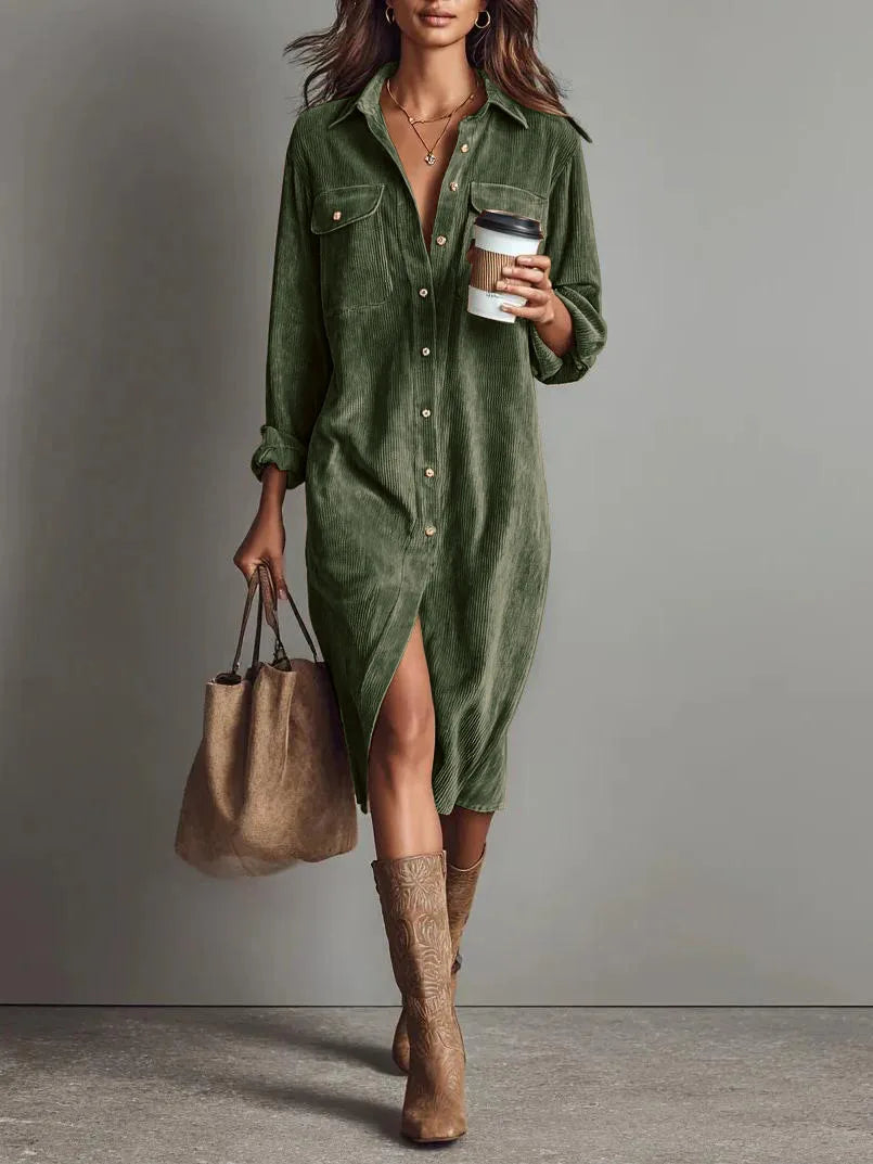 Gwen | Women's Corduroy Button-Front Shirt Dress  - Size:XS;Color:Olive
