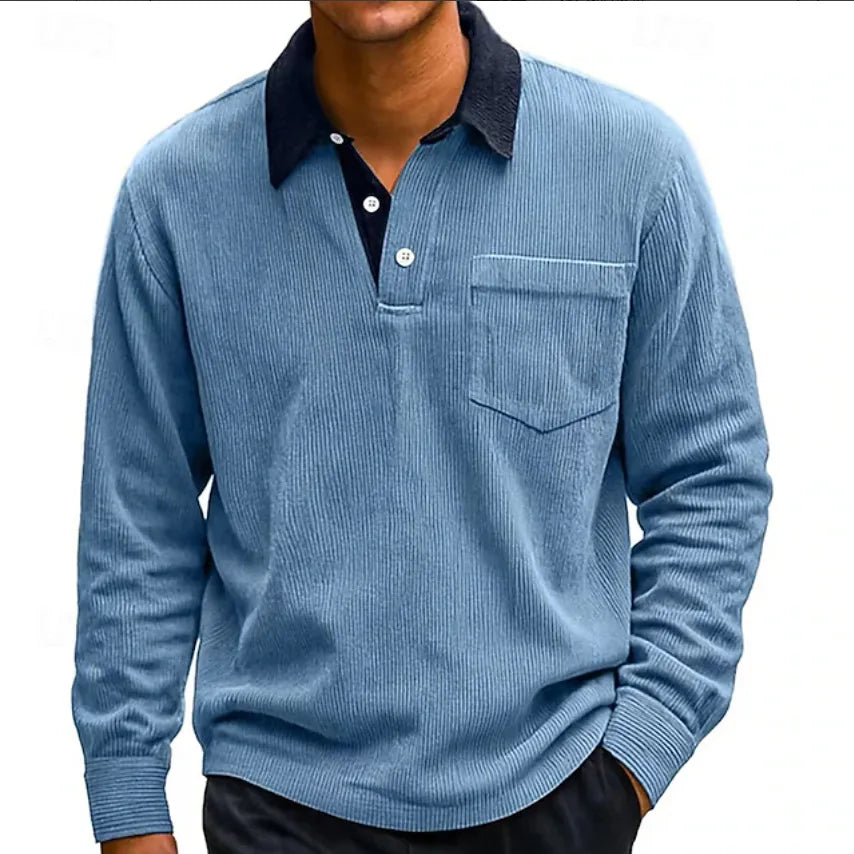 Hewitt | Men's Corduroy Long Sleeve Polo  - Size:XS;Color:Baby Blue