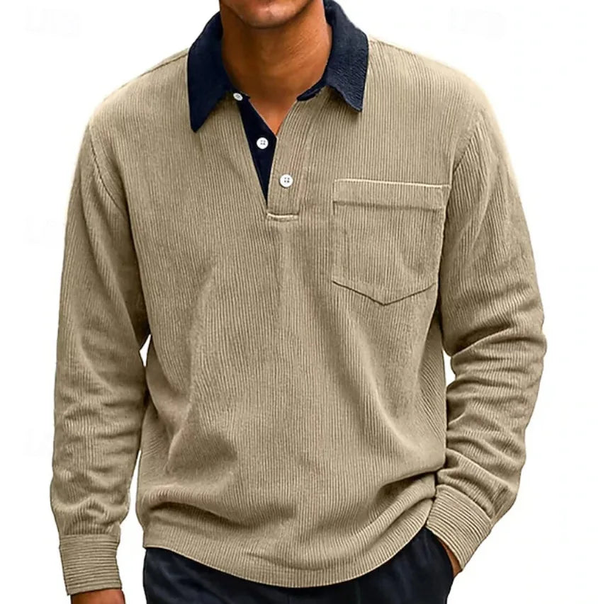 Hewitt | Men's Corduroy Long Sleeve Polo  - Size:XS;Color:Khaki Brown